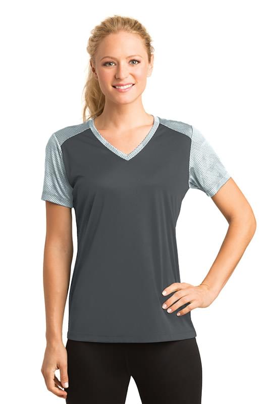 Sport-Tek ® Ladies CamoHex Colorblock V-Neck Tee. LST371